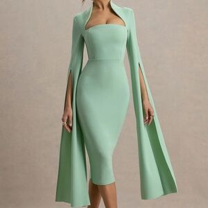 LINDEN Light Green Bodycon Cape-Sleeve Midi Dress